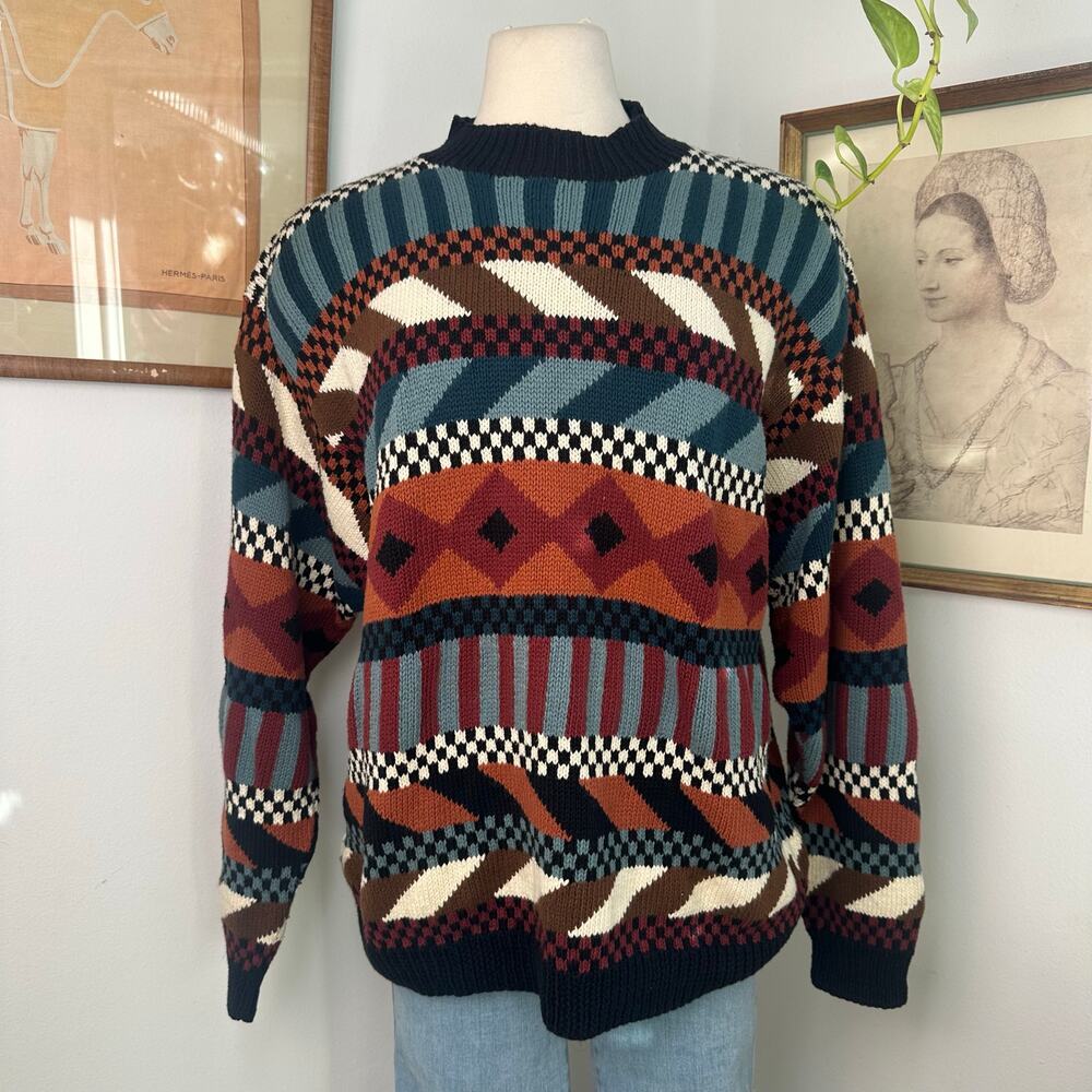 Vintage Sweater Multicolor Retro Pullover 80s-Style Sweater Winter Unisex Knit